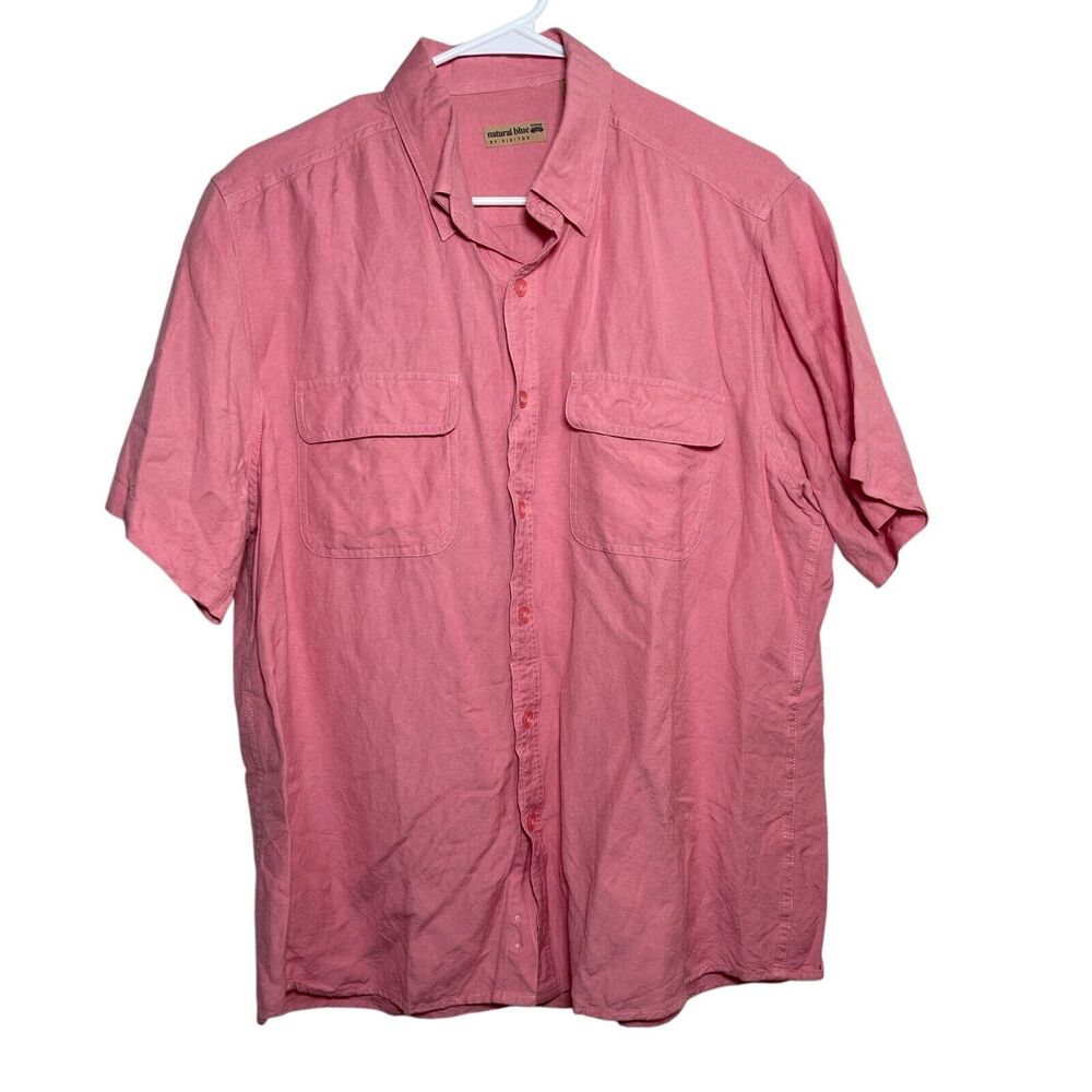 Natural Blue by Visitor Shirt Men's Large Pink Button Up Linen Blend Solid